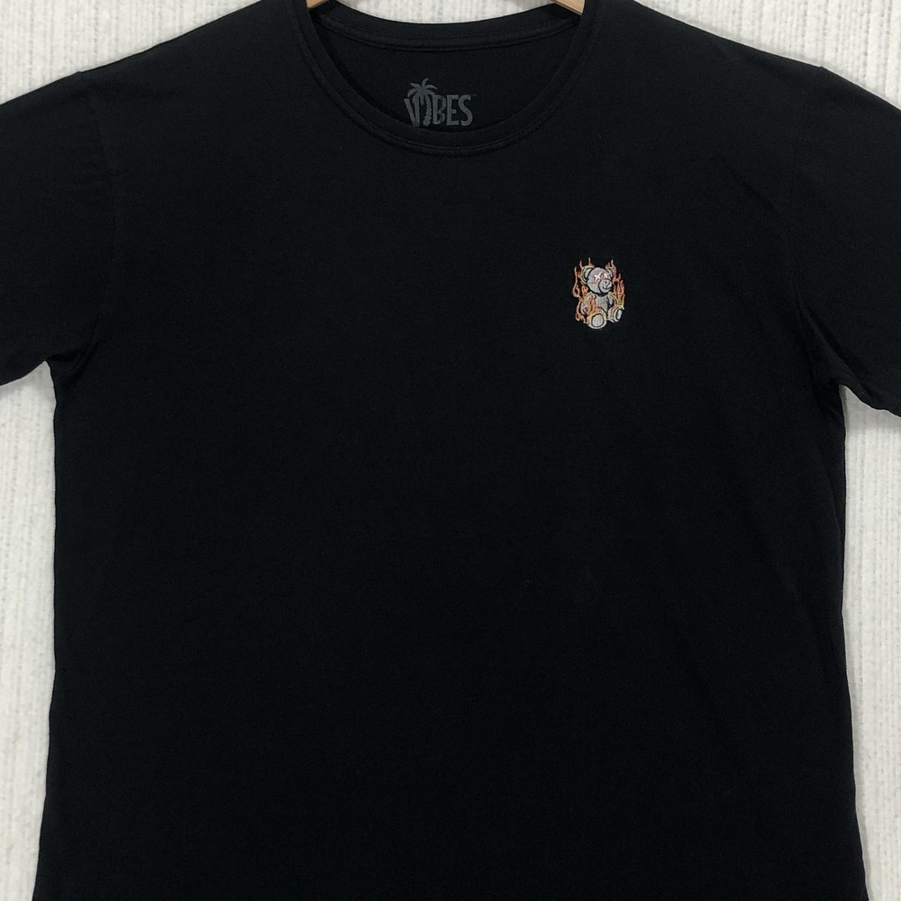 Vibes Mens XL Black Short Sleeve T-Shirt Flaming Teddy Bear Embroidered Graphic